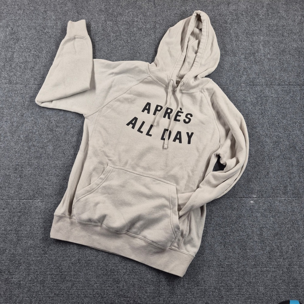 August Ink Apres All Day Graphic Hoodie Oatmeal Beige Pullover Sweatshirt Small